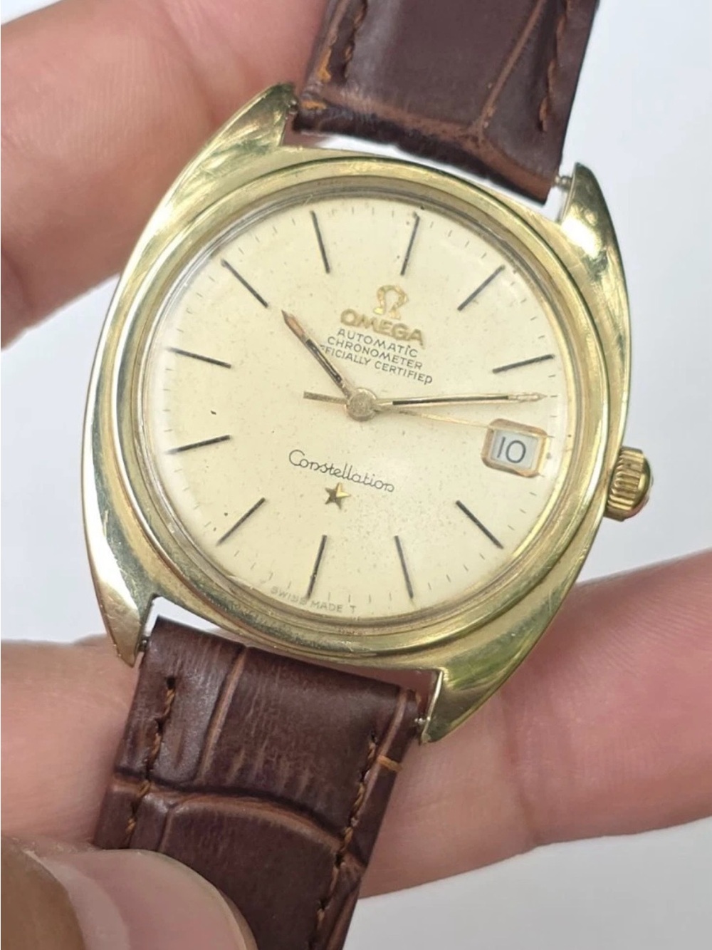 Omega Gold-Tone Constellation Watch with Brown Leather Strap